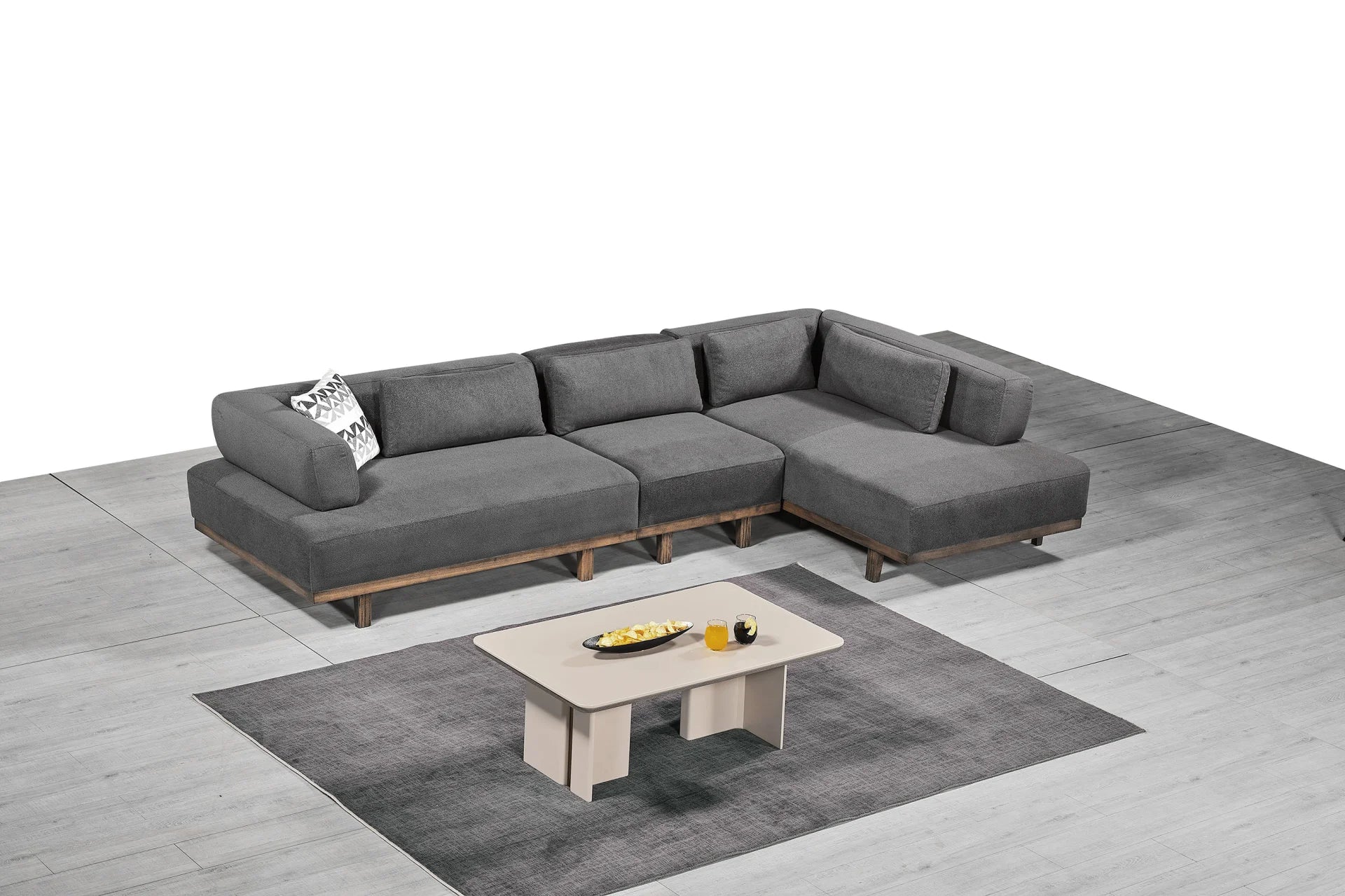 Lucas Ecksofa Runder Hocker mit Holzplatte