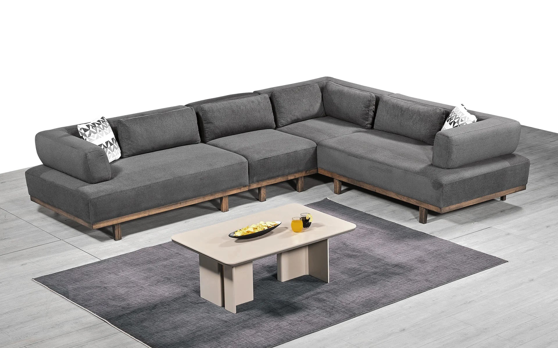 Lucas Ecksofa Runder Hocker mit Holzplatte