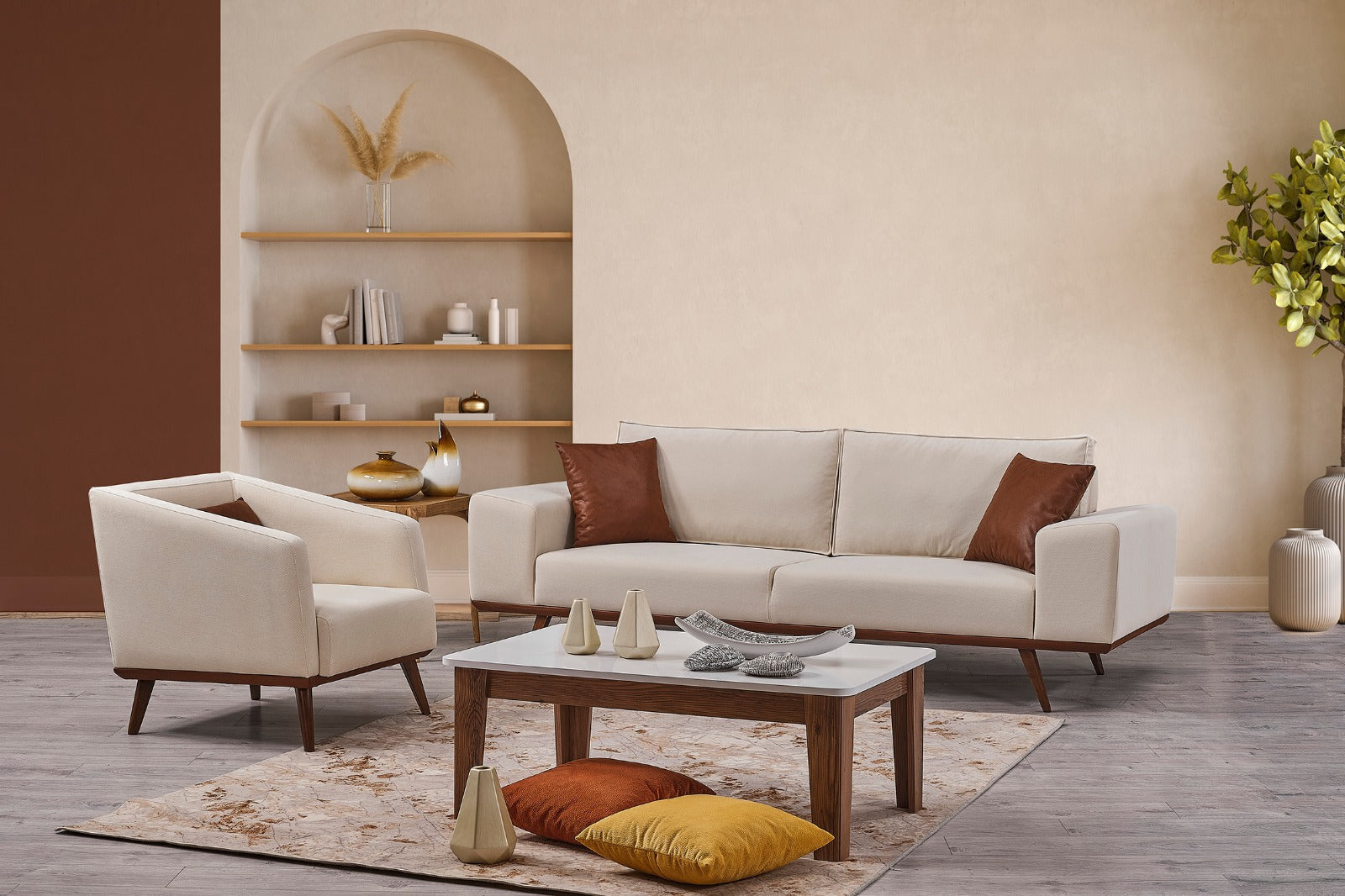 Lucas Wohnzimmer runder Hocker mit Holzdetails